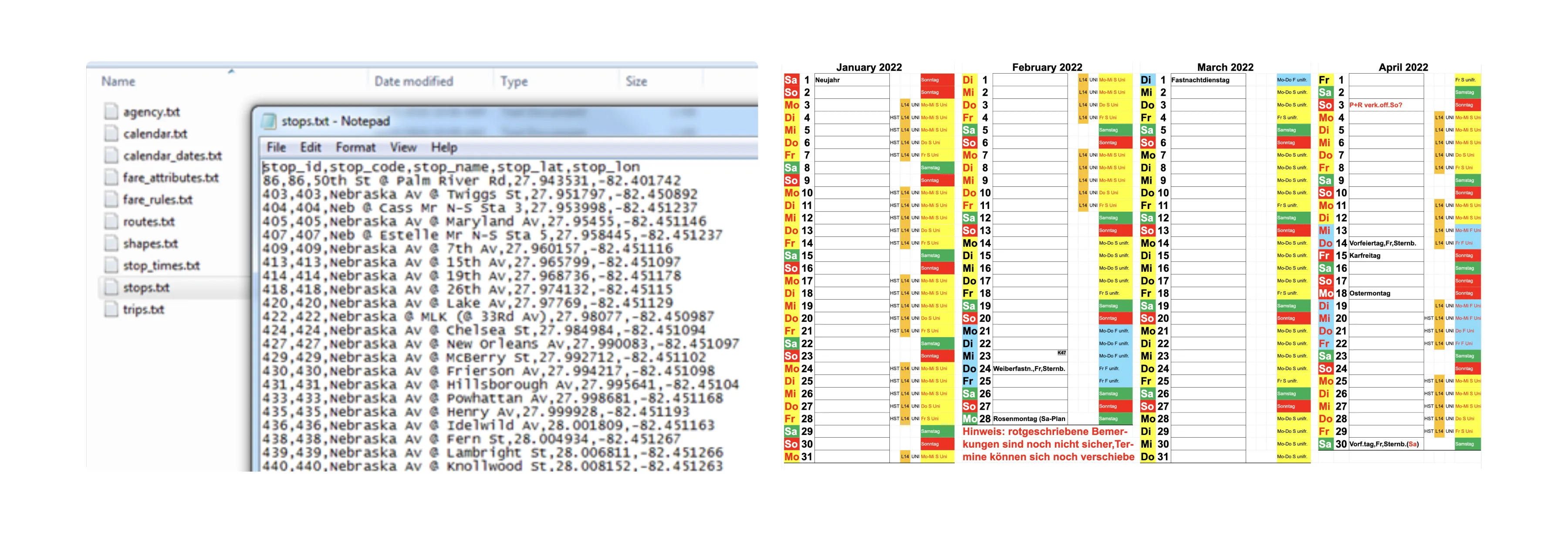 Examples of the excel sheets that agencies use to maintain their GTFS data  - I often joked that one of our biggest competitors is excel sheet.