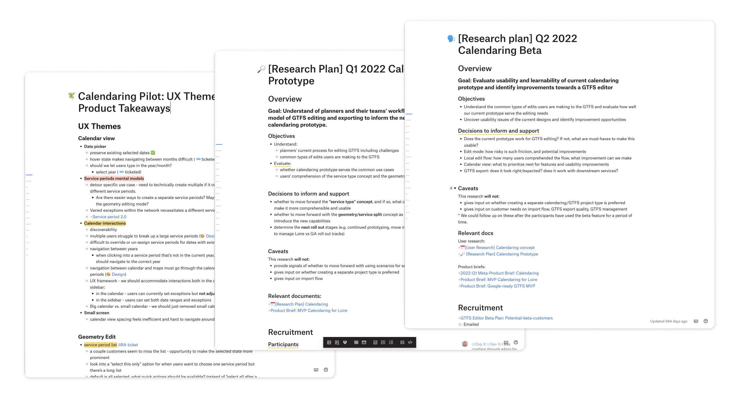 Snapshots of documentation from multiple rounds of research.