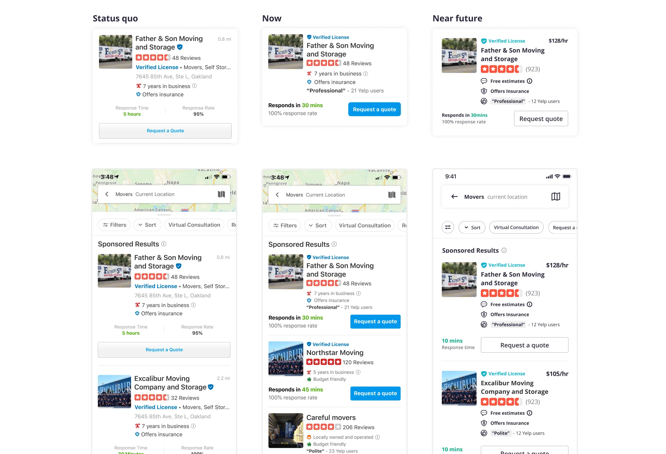 The three versions of mobile search results: existing, proposed, and modernized