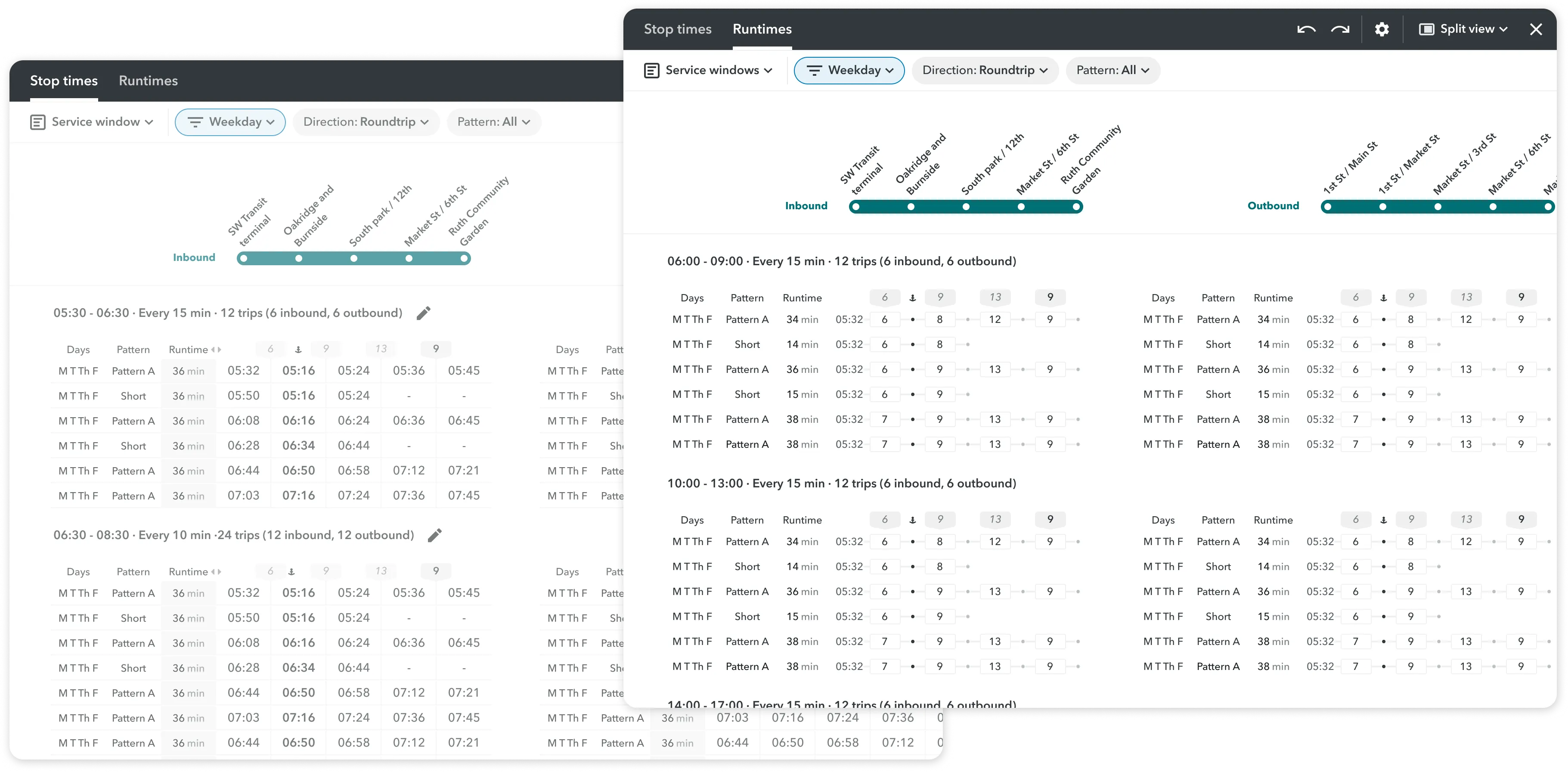 The first version of runtime display in the timetable - just showing the calculated runtimes without any editing capabilities. This allowed us to test with planners and get feedback before investing in more complex features.