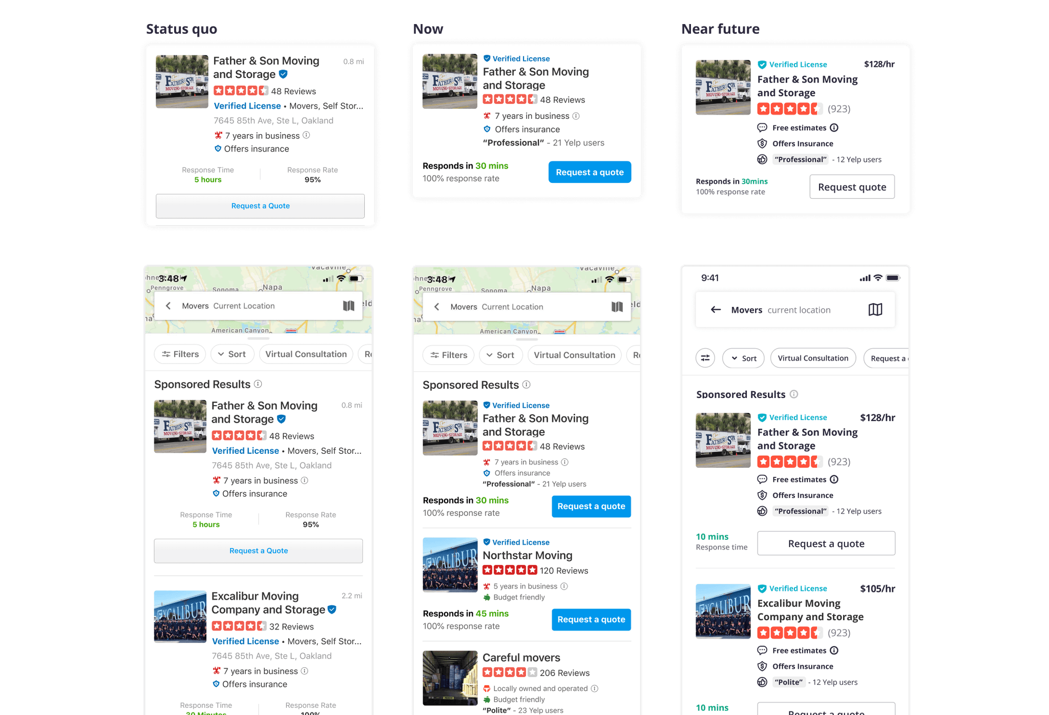 The three versions of mobile search results: existing, proposed, and modernized