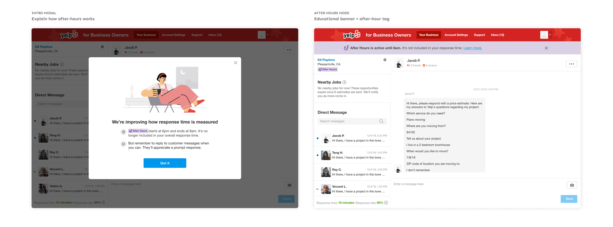 The modal introducing the new feature and the inbox view when it's during after hours