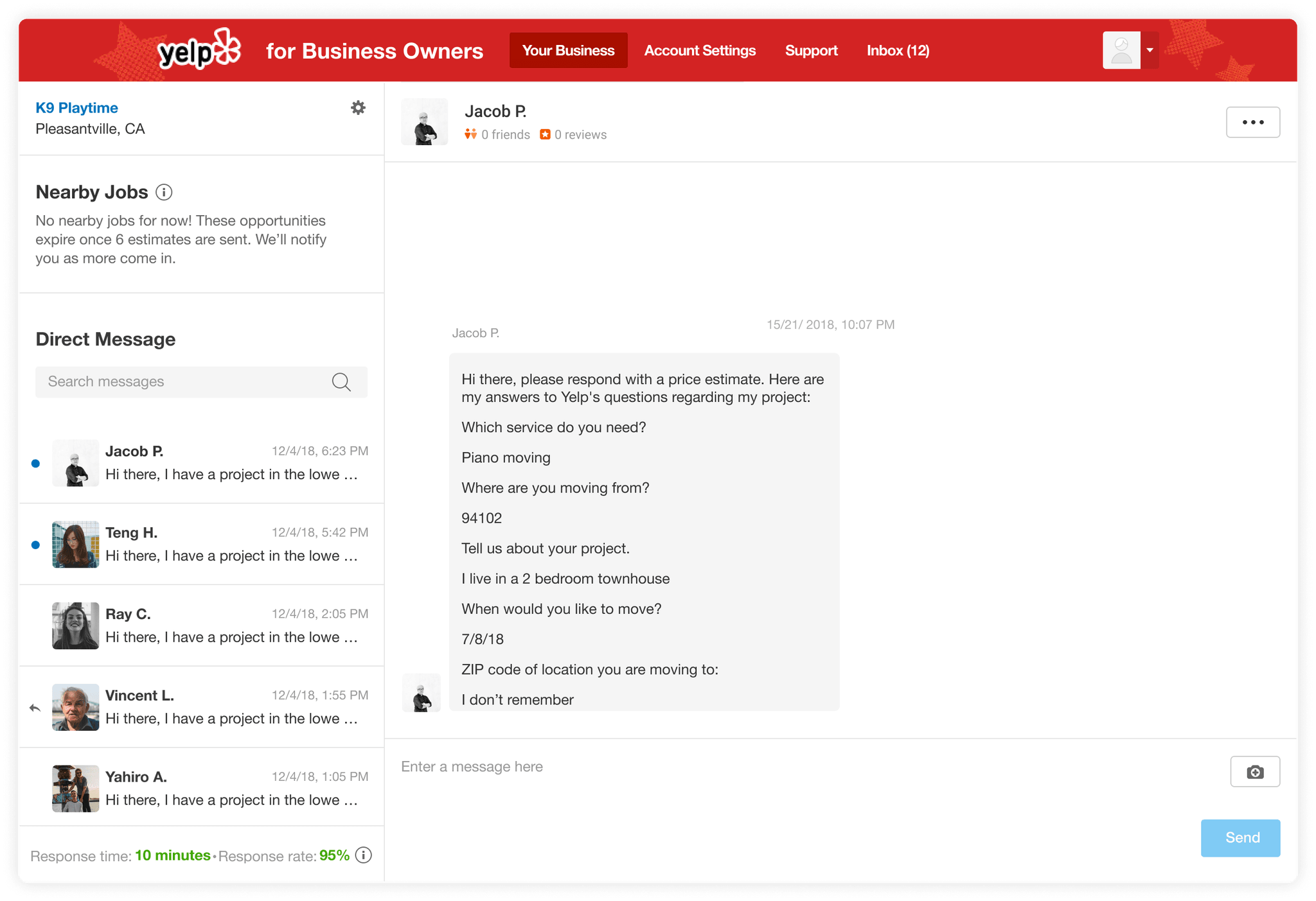 The interface of the business owner inbox